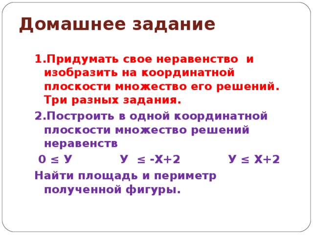 Домашнее задание 1.Придумать свое неравенство и изобразить на координатной плоскости множество его решений. Три разных задания. 2.Построить в одной координатной плоскости множество решений неравенств  0 ≤ У У ≤ -Х+2 У ≤ Х+2 Найти площадь и периметр полученной фигуры.