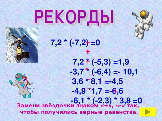 + 7,2 * (-7,2) =0  7,2 * (-5,3) =1,9  -3,7 * (-6,4) =- 10,1 3,6 * 8,1 =-4,5 -4,9 *1,7 =-6,6  -6,1 * (-2,3) * 3,8 =0 + + - - - + Замени звёздочки знаком «+», «-» так,  чтобы получились верные равенства.