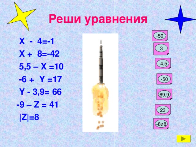 Реши уравнения А -50  X - 4=-1  X  +  8=-42  5 ,5 – X =10  -6 + Y =17  Y - 3,9= 66  - 9 – Z  =  41  |Z|= 8  В 3 Н -4,5 А -50 О 69,9 Р 23 М -8и8