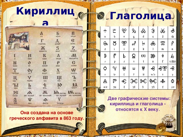 Кириллица Глаголица  Две графические системы: кириллица и глаголица - относятся к X веку. Она создана на основе греческого алфавита в 863 году.