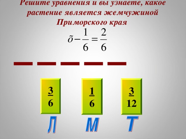 Решите уравнения и вы узнаете, какое растение является жемчужиной Приморского края 1 6 3 6 3 12