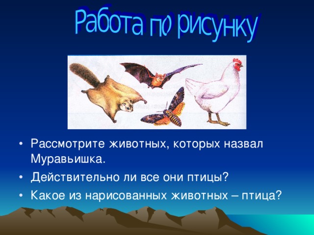 Рассмотрите животных, которых назвал Муравьишка. Действительно ли все они птицы? Какое из нарисованных животных – птица?