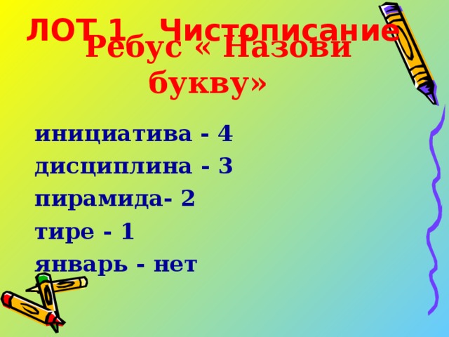 ЛОТ 1 Чистописание  Ребус « Назови букву» инициатива - 4 дисциплина - 3 пирамида- 2 тире - 1 январь - нет