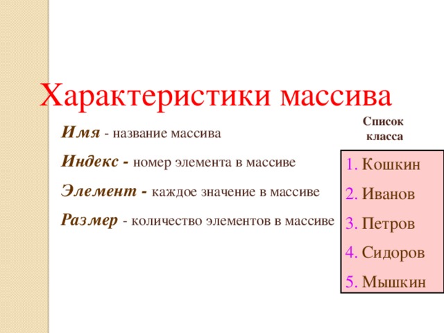 Характеристики массива Список  класса Имя - название массива Индекс - номер элемента в массиве Элемент - каждое значение в массиве Размер - количество элементов в массиве