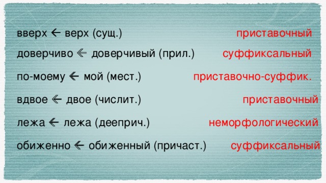 вверх  верх (сущ.) приставочный доверчиво   доверчивый (прил.) суффиксальный по-моему   мой (мест.) приставочно-суффик. вдвое   двое (числит.) приставочный лежа   лежа (дееприч.) неморфологический обиженно   обиженный (причаст.) суффиксальный