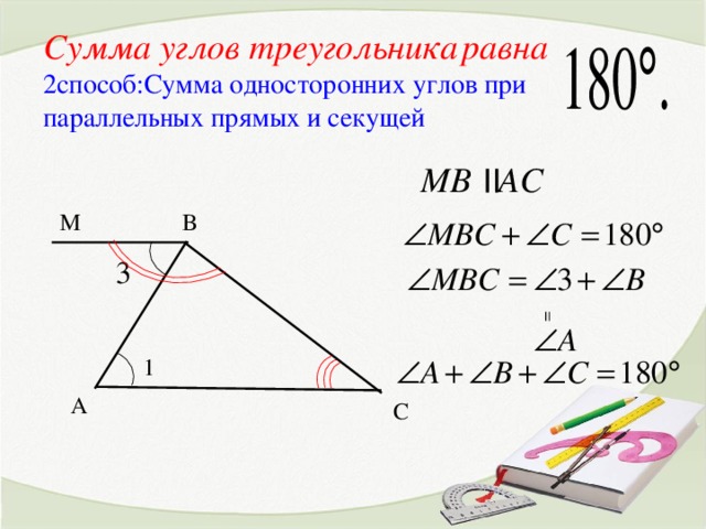 = = Сумма углов треугольника  равна 2способ:Сумма односторонних углов при параллельных прямых и секущей M В A С M В 3 1 А С