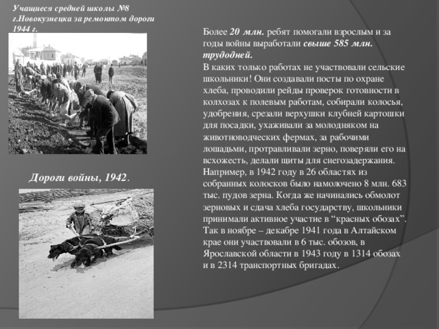 Учащиеся средней школы №8 г.Новокузнецка за ремонтом дороги 1944 г.  Место съемки: Новокузнецк Более  20 млн.  ребят помогали взрослым и за годы войны выработали  свыше 585 млн. трудодней.    В каких только работах не участвовали сельские школьники! Они создавали посты по охране хлеба, проводили рейды проверок готовности в колхозах к полевым работам, собирали колосья, удобрения, срезали верхушки клубней картошки для посадки, ухаживали за молодняком на животноводческих фермах, за рабочими лошадьми, протравливали зерно, поверяли его на всхожесть, делали щиты для снегозадержания. Например, в 1942 году в 26 областях из собранных колосков было намолочено 8 млн. 683 тыс. пудов зерна. Когда же начинались обмолот зерновых и сдача хлеба государству, школьники принимали активное участие в “красных обозах”. Так в ноябре – декабре 1941 года в Алтайском крае они участвовали в 6 тыс. обозов, в Ярославской области в 1943 году в 1314 обозах и в 2314 транспортных бригадах.   Дороги войны, 1942 .