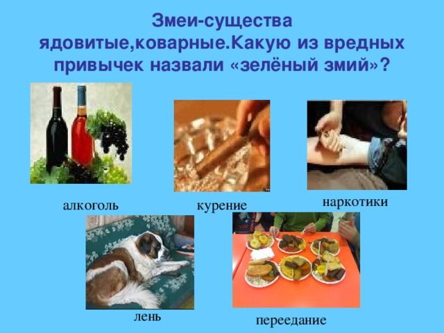 Змеи-существа ядовитые,коварные.Какую из вредных привычек назвали «зелёный змий»? наркотики  алкоголь курение лень переедание