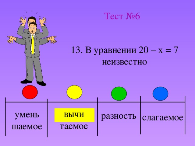 Тест №6 13. В уравнении 20 – x = 7 неизвестно вычи таемое умень шаемое разность слагаемое