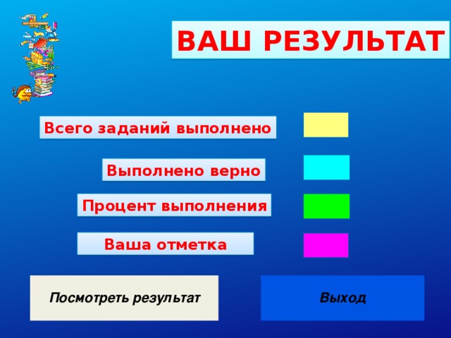 ВАШ РЕЗУЛЬТАТ Всего заданий выполнено Выполнено верно Процент выполнения Ваша отметка