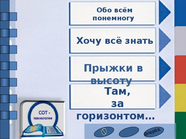 Вперёд  Обо всём понемногу  Хочу всё знать  Прыжки в высоту  Там,  за горизонтом…