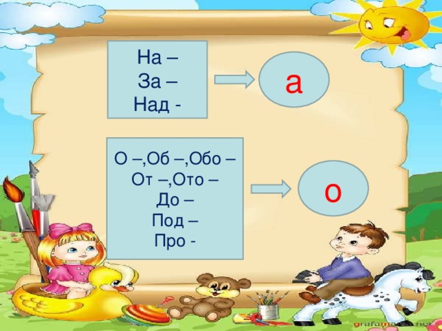 На – За – Над - а О –,Об –,Обо – От –,Ото – До – Под – Про - о