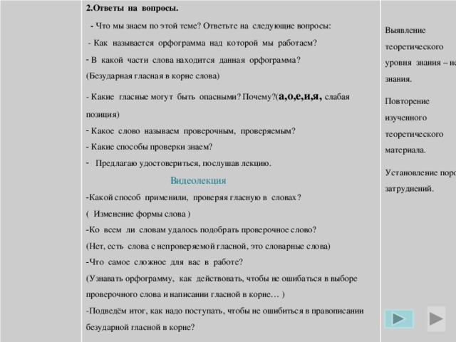 2.Ответы на вопросы.  - Что мы знаем по этой теме? Ответьте на следующие вопросы:  - Как называется орфограмма над которой мы работаем? Выявление теоретического уровня знания – не знания.  В какой части слова находится данная орфограмма? Повторение изученного теоретического материала. (Безударная гласная в корне слова) Установление порога затруднений. - Какие гласные могут быть опасными? Почему?( а,о,е,и,я, слабая позиция)  Какое слово называем проверочным, проверяемым?  Какие способы проверки знаем?  Предлагаю удостовериться, послушав лекцию.  Видеолекция  Какой способ применили, проверяя гласную в словах? ( Изменение формы слова ) Ко всем ли словам удалось подобрать проверочное слово? (Нет, есть слова с непроверяемой гласной, это словарные слова) Что самое сложное для вас в работе? (Узнавать орфограмму, как действовать, чтобы не ошибаться в выборе проверочного слова и написании гласной в корне… ) -Подведём итог, как надо поступать, чтобы не ошибиться в правописании безударной гласной в корне?