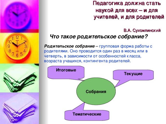 Тематические  Педагогика должна стать  наукой для всех – и для  учителей, и для родителей   В.А. Сухомлинский Что такое родительское собрание? Родительское собрание – групповая форма работы с родителями. Оно проводится один раз в месяц или в четверть, в зависимости от особенностей класса, возраста учащихся, контингента родителей. Итоговые Текущие Собрания