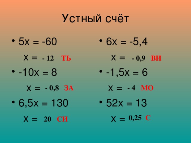 Устный счёт 6х = -5,4 5х = -60  х =  х = -1,5х = 6 -10х = 8  х =  х = 6,5х = 130 52х = 13  х =  х = - 12 ТЬ - 0,9 ВИ - 0,8 ЗА - 4 МО 0,25 С 20 СИ