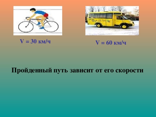 V = 30 км/ч V = 6 0 км/ч Пройденный путь зависит от его скорости