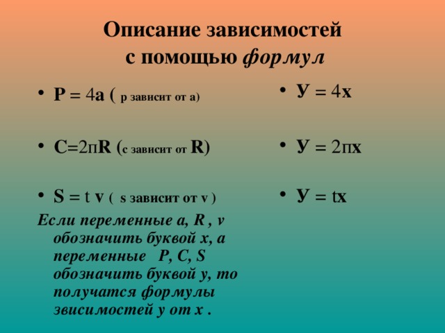 Описание зависимостей  с помощью формул У = 4 х  У = 2п х У = t х Р = 4 а  ( р зависит от а)  С =2п R ( с зависит от R ) S = t v  ( s зависит от v ) Если переменные а, R , v обозначить буквой х, а переменные P , C , S обозначить буквой у, то получатся формулы звисимостей у от х .