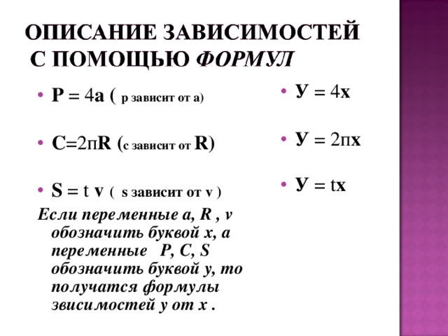 У = 4 х  У = 2п х У = t х Р = 4 а  ( р зависит от а)  С =2п R ( с зависит от R ) S = t v  ( s зависит от v )