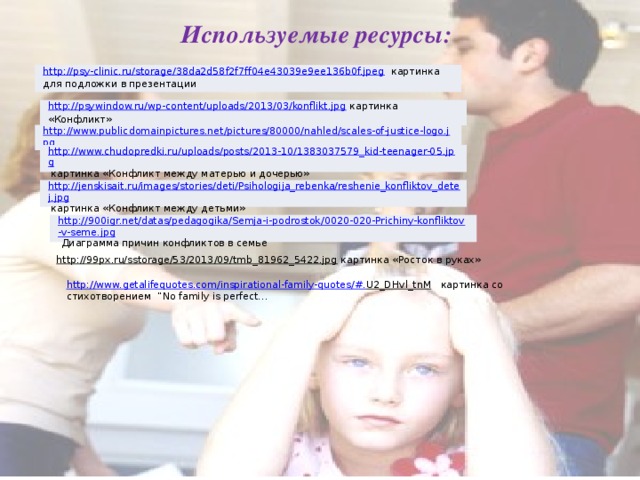 Используемые ресурсы: http://psy-clinic.ru/storage/38da2d58f2f7ff04e43039e9ee136b0f.jpeg  картинка для подложки в презентации http://psywindow.ru/wp-content/uploads/2013/03/konflikt.jpg  картинка «Конфликт» http://www.publicdomainpictures.net/pictures/80000/nahled/scales-of-justice-logo.jpg  весы http://www.chudopredki.ru/uploads/posts/2013-10/1383037579_kid-teenager-05.jpg  картинка «Конфликт между матерью и дочерью» http://jenskisait.ru/images/stories/deti/Psihologija_rebenka/reshenie_konfliktov_detej.jpg  картинка «Конфликт между детьми» http://900igr.net/datas/pedagogika/Semja-i-podrostok/0020-020-Prichiny-konfliktov-v-seme.jpg  Диаграмма причин конфликтов в семье http://99px.ru/sstorage/53/2013/09/tmb_81962_5422.jpg  картинка «Росток в руках» http://www.getalifequotes.com/inspirational-family-quotes/#. U2_DHvl_tnM  картинка со стихотворением “No family is perfect…