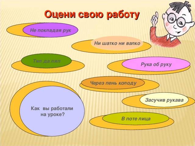 Оцени свою работу Не покладая рук Ни шатко ни валко Тяп да ляп Рука об руку Через пень колоду Как вы работали  на уроке? Засучив рукава В поте лица