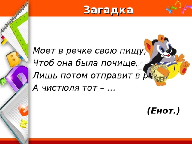 Загадка   Моет в речке свою пищу, Чтоб она была почище, Лишь потом отправит в рот. А чистюля тот – …  (Енот.)