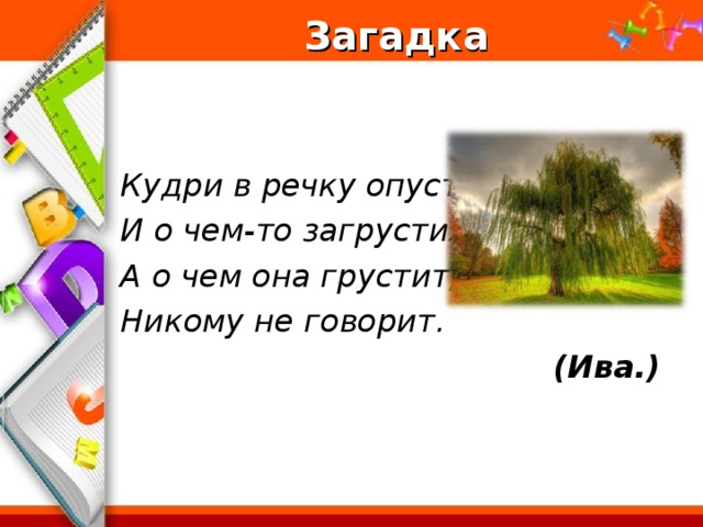 Загадка   Кудри в речку опустила И о чем-то загрустила, А о чем она грустит, Никому не говорит. (Ива.)