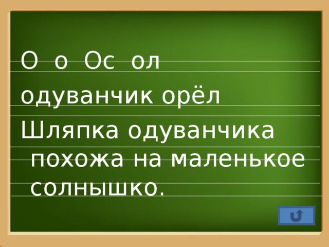 О о Ос ол одуванчик орёл Шляпка одуванчика похожа на маленькое солнышко.