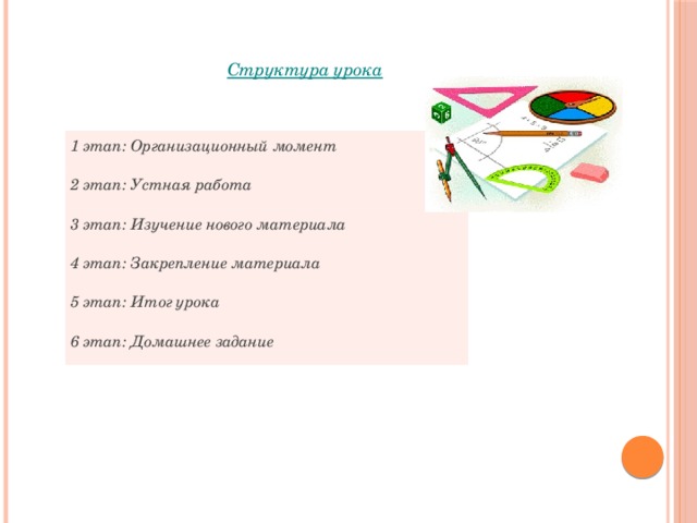 Структура урока 1 этап: Организационный момент 2 этап: Устная работа 3 этап: Изучение нового материала 4 этап: Закрепление материала 5 этап: Итог урока 6 этап: Домашнее задание