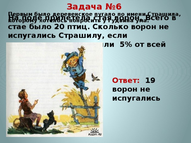 Задача №6 На поле прилетела стая ворон. Всего в стае было 20 птиц. Сколько ворон не испугались Страшилу, если испугавшиеся составили 5% от всей стаи? Первым было деревенское пугало по имени Страшила, которому хотелось попросить у Гудвина ума.    Ответ: 19 ворон не испугались