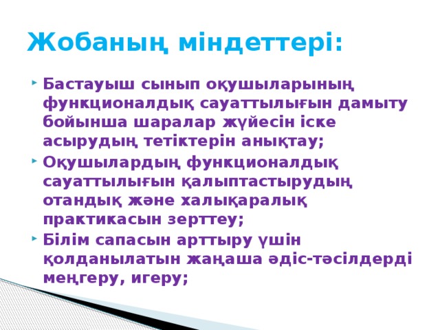 Жобаның міндеттері: