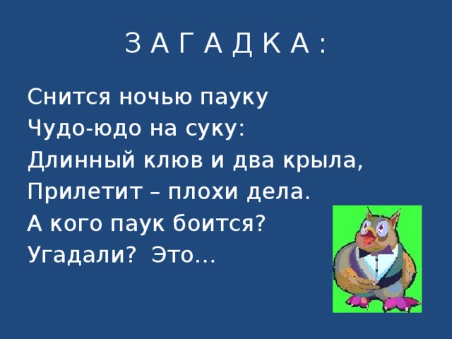 З А Г А Д К А : Снится ночью пауку Чудо-юдо на суку: Длинный клюв и два крыла, Прилетит – плохи дела. А кого паук боится? Угадали? Это…