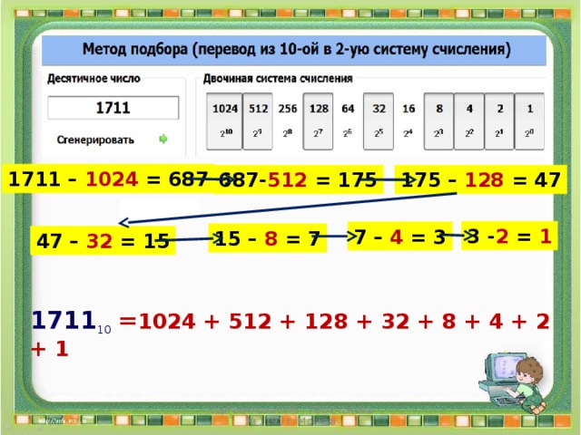 1711 – 1024 = 687 687- 512 = 175 175 – 128 = 47 3 - 2 = 1 7 – 4 = 3 15 – 8 = 7 47 – 32 = 15  1711 10  = 1024 + 512 + 128 + 32 + 8 + 4 + 2 + 1  Сергеенкова И.М. - ГБОУ Школа № 1191 г. Москва