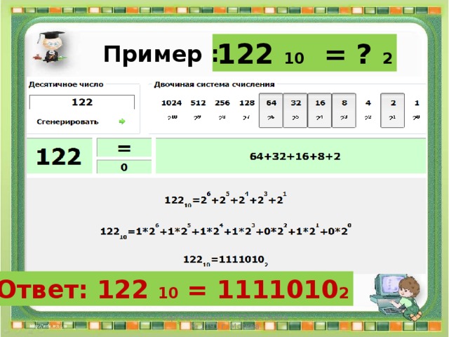 122 10 = ? 2 Пример : Ответ: 122 10 = 1111010 2 Сергеенкова И.М. - ГБОУ Школа № 1191 г. Москва