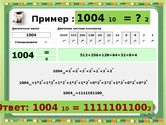 1004 10 = ? 2 Пример : Ответ: 1004 10 = 1111101100 2 Сергеенкова И.М. - ГБОУ Школа № 1191 г. Москва