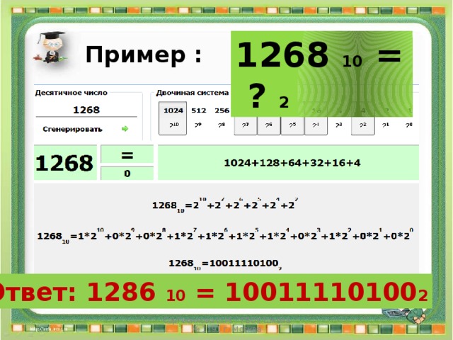 1268 10 = ? 2 Пример : Ответ: 1286 10 = 10011110100 2 Сергеенкова И.М. - ГБОУ Школа № 1191 г. Москва