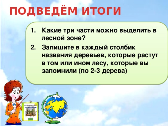 ПОДВЕДЁМ ИТОГИ Какие три части можно выделить в лесной зоне? Запишите в каждый столбик названия деревьев, которые растут в том или ином лесу, которые вы запомнили (по 2-3 дерева)