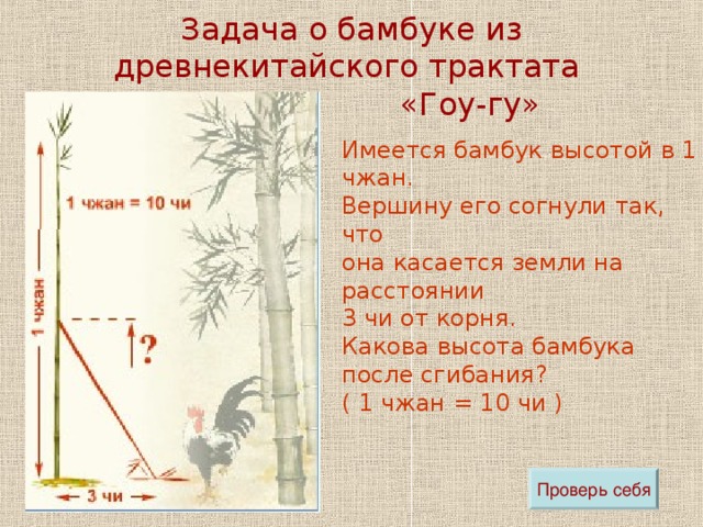 Задача о лотосе из сочинений Бхаскары ( XII век ) На стебле с полфута над озером тихим,  Рос лотоса цвет. Он рос одиноко. И ветер порывом отнес его в сторону. Нет больше цветка над водой. Нашел же рыбак его ранней весной В двух футах от места, где рос. Итак, предложу я вопрос: Как озера вода здесь глубока? Проверь себя