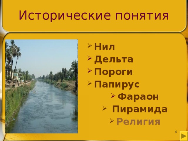 Исторические понятия Нил Дельта Пороги Папирус Фараон  Пирамида Религия