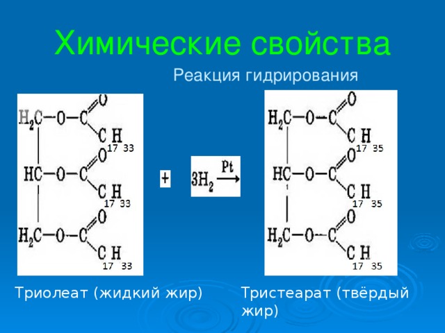 Химические свойства  Реакция гидрирования Триолеат (жидкий жир) Тристеарат (твёрдый жир) 9