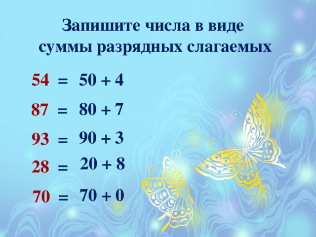 Запишите числа в виде  суммы разрядных слагаемых  54 =  50 + 4  80 + 7  87 =  90 + 3  93 =  20 + 8  28 =  70 + 0  70 =
