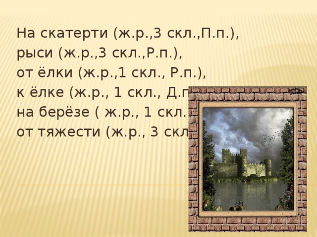 На скатерти (ж.р.,3 скл.,П.п.), рыси (ж.р.,3 скл.,Р.п.), от ёлки (ж.р.,1 скл., Р.п.), к ёлке (ж.р., 1 скл., Д.п.), на берёзе ( ж.р., 1 скл., П.п.), от тяжести (ж.р., 3 скл., Р.п.).