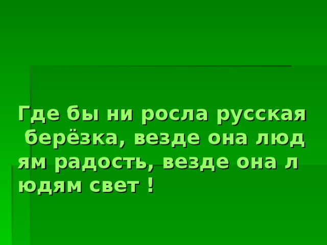 Где бы ни росла русская берёзка, везде она людям радость, везде она людям свет !