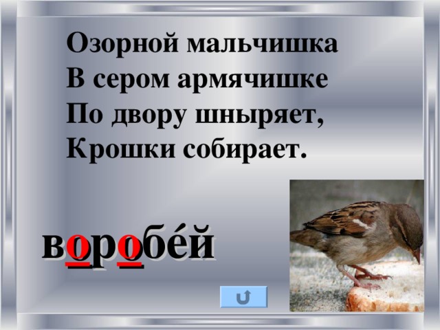 Озорной мальчишка В сером армячишке По двору шныряет, Крошки собирает. в о р о б é й