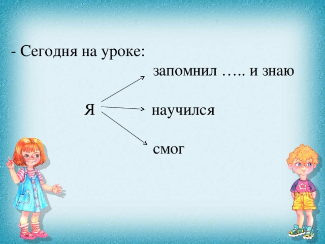 - Сегодня на уроке:  запомнил ….. и знаю  Я научился  смог