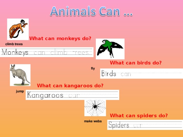 climb trees What can monkeys do?  fly What can birds do?  jump What can kangaroos do?  make webs What can spiders do?