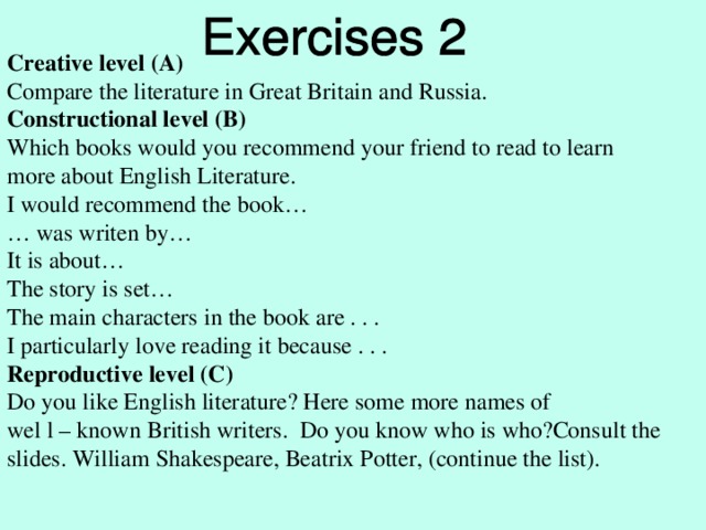 Creative level (A) Compare the literature in Great Britain and Russia. Constructional level (B) Which books would you recommend your friend to read to learn more about English Literature. I would recommend the book… … was writen by… It is about… The story is set… The main characters in the book are . . . I particularly love reading it because . . . Reproductive level (C) Do you like English literature? Here some more names of wel l – known British writers. Do you know who is who?Consult the slides. William Shakespeare, Beatrix Potter, (continue the list).