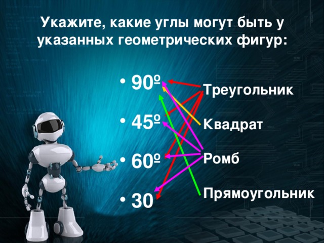 Укажите, какие углы могут быть у указанных геометрических фигур: 90 º  45 º  60 º  30    Треугольник  Квадрат  Ромб  Прямоугольник