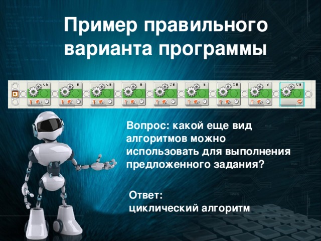 Пример правильного варианта программы Вопрос: какой еще вид алгоритмов можно использовать для выполнения предложенного задания? Ответ: циклический алгоритм