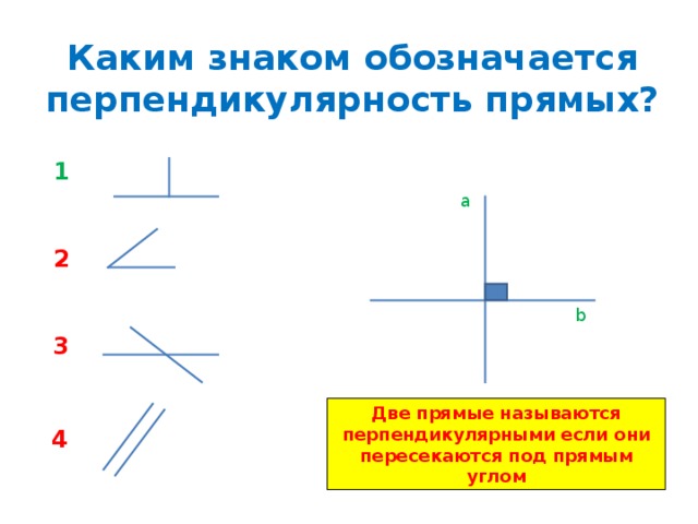 Каким знаком обозначается перпендикулярность прямых? 1 a 2 b 3 Две прямые называются перпендикулярными если они пересекаются под прямым углом 4