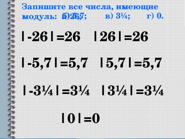 Запишите все числа, имеющие модуль: а)26; б) 5,7; в) 3¼; г) 0. |-26|=26 |26|=26 |-5,7|=5,7 |5,7|=5,7 |-3¼|=3¼ |3¼|=3¼ № 956 bp[ ext,ybrf |0|=0